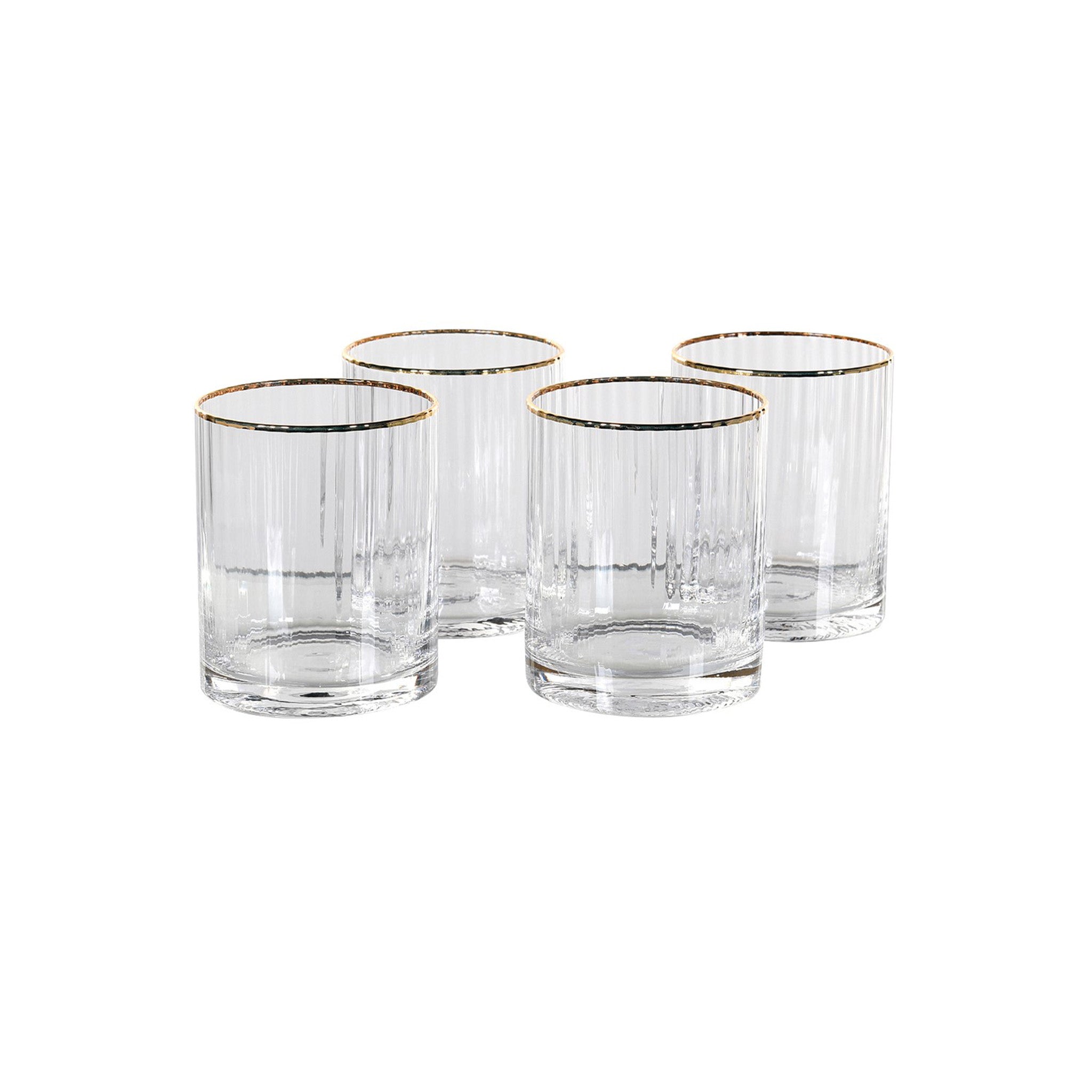 Set of 4 ribbed tumbler glasses with a gold rim edge Dimensions: H:100 Dia:80 mm Materials: Glass Delivery: 7-10 days